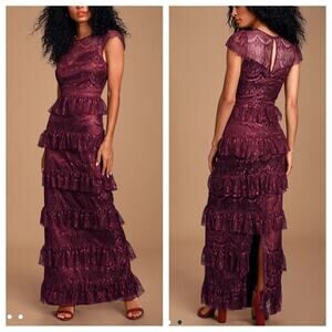 Lulus Romantic Daydreamer Burgundy Lace Tiered Maxi Dress
